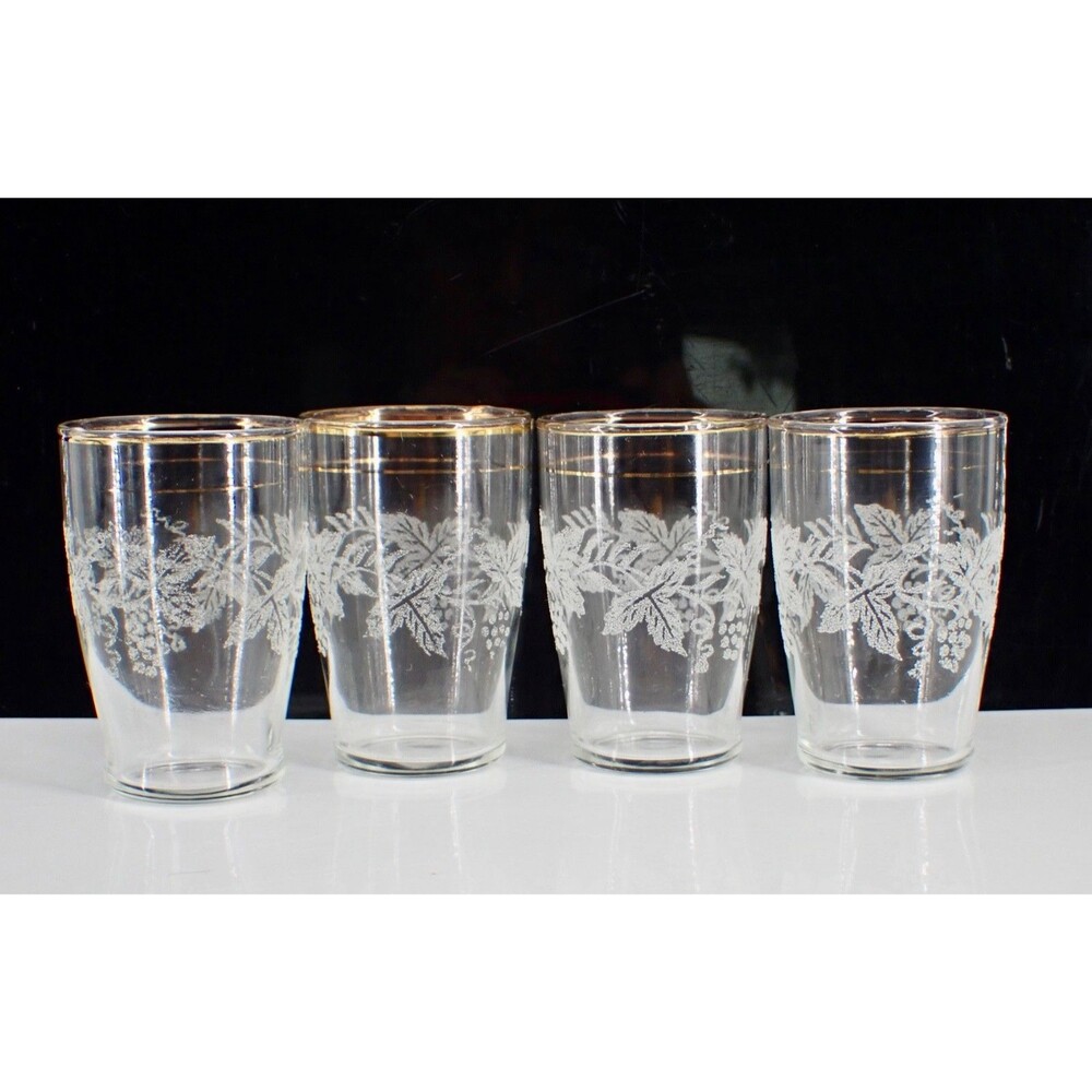 Bartlett Collins VTG Frosted Grape Vine 14K Gold Trim 5 OZ Grappa Glass set of 4